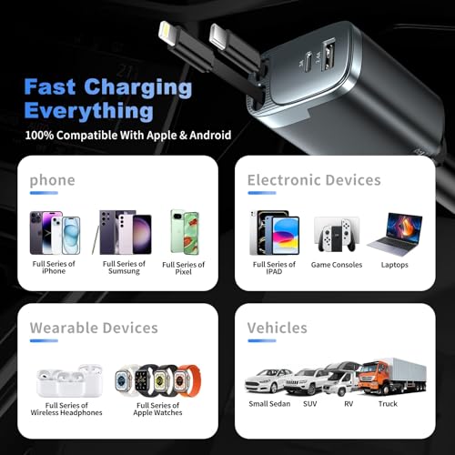 Retractable Car Charger 4 in 1, Car Charger USB C Fast Charge 84W Cigarette Lighter USB Charger, Travel Essentials Car Accessories Gifts for Men Women for iPhone 17 16 15 14 13 12 Pro Max, Samsung