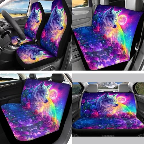 Wolf Flower Printed 15 Pcs Car Seat Cover Full Set, Protective Auto Accessories Set Front Rear Seat Covers Steering Wheel Protector Car Headrest Cover Keychain - color: Purple-Wolf Flower