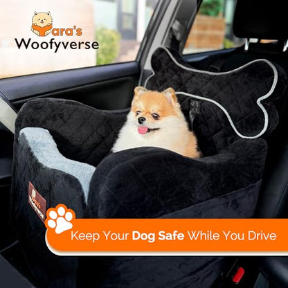 Yara’s Woofyverse Dog Car Seat for Small & Medium Dogs - Premium Booster, Fur-Lined Headrest, Adjustable Cushions & 6-Pocket Storage - Portable Pet Seat for Front/Back Travel - Midnight Ash