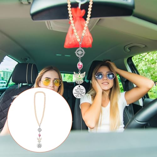 Rear View Mirror Accessories - Pink Pearl Angel Car Mirror Charm - Guardian Angel Hanging Accessory with Inspirational Message, Universal Fit Car Decor Gift for Women