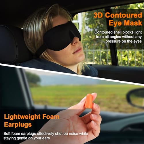 Travel Pillow - Hooded Neck Pillow Airplane Memory Foam Filling for Plane, Office, Cars Sleeping, Road Trip, Long Flights, Airplane Travel Essentials, Includes Eye Mask & Earplugs (Full Blue) - color: Full Blue