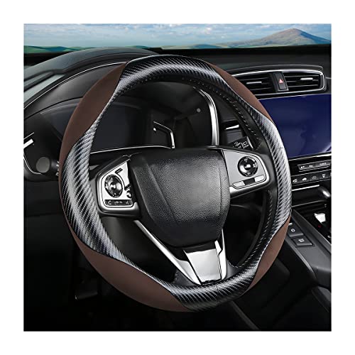 Steering Wheel Cover for Women and Men, Carbon Fiber Plush Steering Wheel Cover Soft Anti-Slip Comforting, Universal 15 Inches Steering Wheels Accessories (Carbon Fiber Black/Coffee)