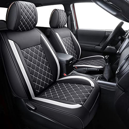 Tomatoman Tacoma Seat Covers Customized for 2005-2025 2026 Sport Double Cab SR V6 Pickup Truck, Waterproof Faux Leather Car Cushions(2 PCS Front, Black-White) - color: 2 PCS Front/Black-White