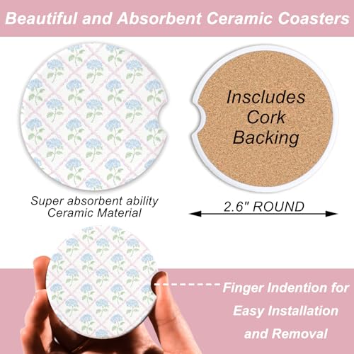 Car Coasters for Cup Holders Set of 2 – Blue Hydrangea Trellis Cup Holder Inserts with Finger Notch – Preppy Grandmillennial Cute Car Accessories for Women - color: White