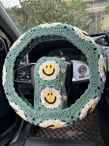 Handmade Crochet Sun Smiling face Car Steering Wheel Covers Universal 14-15 inch,Cute Steering Wheel Cover,Car Accessories (Sun Wheel Cover+2 Belt Cover) - color: Sun Wheel Cover+2 Belt Cover