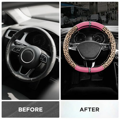 Road Comforts Leopard Steering Wheel Cover for Women, Cute Anti-Slip Microfiber Leather, Fits D Shape Flat Bottom Steering Wheel 14.5-15 Inch - Pink - color: D Shape-Pink