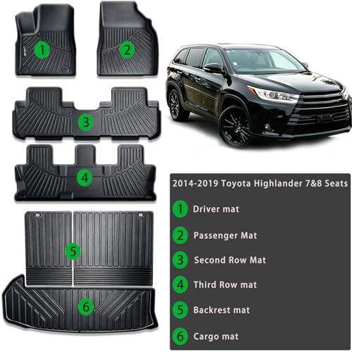 Floor Mats & Cargo Liners & Backrest Mat for 2014-2019 Toyota Highlander 7&8 Seats TPE All Weather Protection Car Floor Mats with Trunk Mat Covering The Backrest - size: 14-19丨highlander 7&8seat