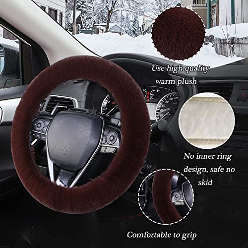 WenMei 1 Set 4 Pcs Fluffy Steering Wheel Cover&Handbrake Cover&Gear Shift Cover&Fluffy Auto Center Console Cover Faux Wool Steering Wheel Covers for Women Universal Car Interior Accessories (Brown) - color: Brown