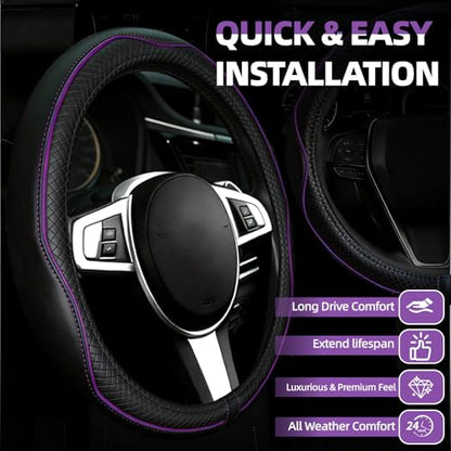 NBTEPEM 6 PCS Car Steering Wheel Cover Set, Microfiber Leather Steering Wheel Covers Universal 14.5-15 inch, Center Console Cover, Seat Belt Cushion, Cup Holder Coaster, Car Accessories Set Purple - color: Black with purple, size: Steering Wheel Cover Set