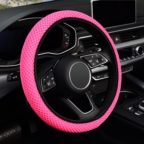 KAFEEK Elastic Stretch Steering Wheel Cover 15 Inch, Breathable Ice Silk Microfiber, Non-Slip Grip, Warm in Winter and Cool in Summer, Odorless, Car Accessories Fit Cars, SUVs, Rose Red - color: rose red