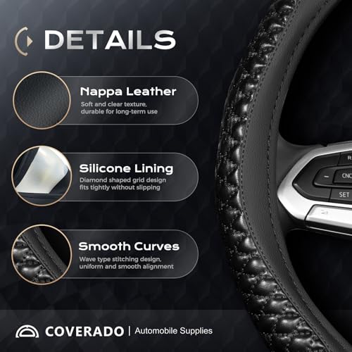 Coverado Car Steering Wheel Cover, Nappa Leather Black Steering Wheel Covers, Universal 14-15 inch, Anti-Slip, Breathable Steering Wheel Protector for Women Men - color: C-Black