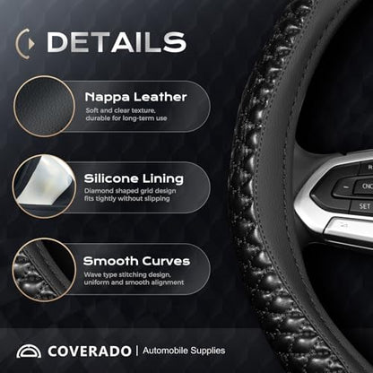 Coverado Car Steering Wheel Cover, Nappa Leather Black Steering Wheel Covers, Universal 14-15 inch, Anti-Slip, Breathable Steering Wheel Protector for Women Men - color: C-Black