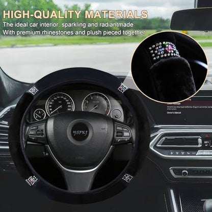 Fluffy Steering Wheel Cover, Universal 15 Inch Colorful Rhinestones Car Steering Wheel Cover, Sparkly Crystal Diamond Steering Wheel Protector for Women Girls,Black - color: Black