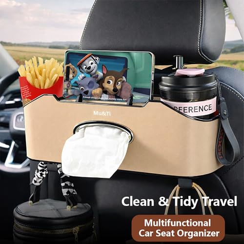 Mu&Ti Back Seat Car Organizer,4+2 in 1 Multifunctional Car Back Seat Storage Box with 2 Cup Holders, Tissue Box and Hook - Ideal for Kids and Travel(Beige) - style: Car Storage Box（beige）