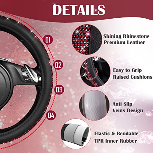 CAR PASS Red Diamond Black Leather Steering Wheel Cover, with Bling Crystal Rhinestones Universal Fit 14" 1/2-15" Crystal Glitter for Women Sparkle Girl Fit Suvs,Vans,Sedans,Cars,Trucks, Red Diamond - color: Red Diamond