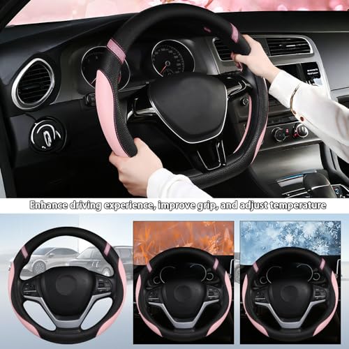 Cxtiy Pickup Truck Steering Wheel Cover – Sproty Fahsion Premium Leather Universal Non-Slip Steering Wheel Grip Set for Women Gril 15.5-16 Inch (Pink) - color: Pink
