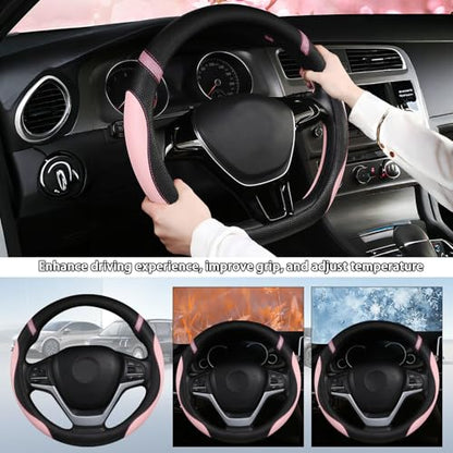Cxtiy Pickup Truck Steering Wheel Cover – Sproty Fahsion Premium Leather Universal Non-Slip Steering Wheel Grip Set for Women Gril 15.5-16 Inch (Pink) - color: Pink