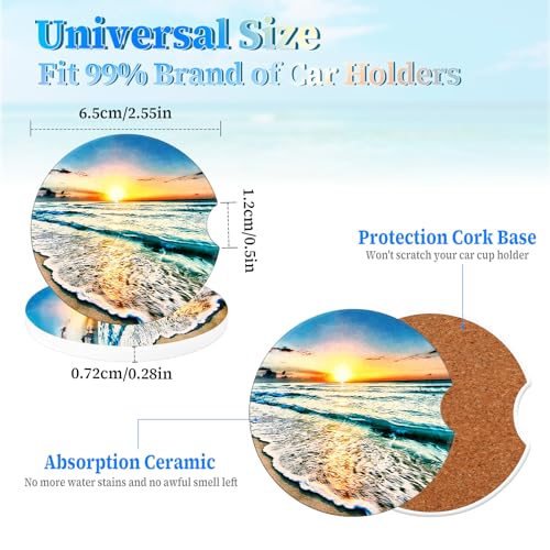 Jeffdad Car Cup Holder Coasters, 2 Pack Absorbent Ceramic Coaster 2.56" Universal Ceramic Stone & Non-Scratch Cork Base Coasters Auto Accessories for Women & Men(Sunset)