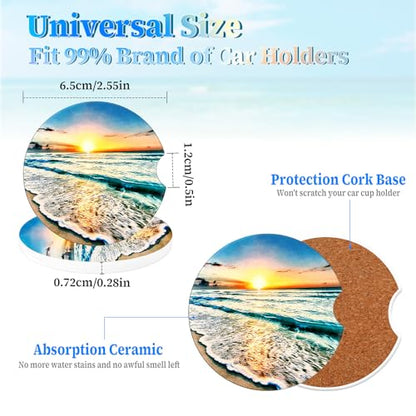 Jeffdad Car Cup Holder Coasters, 2 Pack Absorbent Ceramic Coaster 2.56" Universal Ceramic Stone & Non-Scratch Cork Base Coasters Auto Accessories for Women & Men(Sunset)