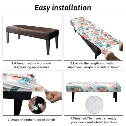 Stretch Bench Cover, Seat Cushion Protector, Washable Slipcover, Printed Rectangle Cover for Dining Room, Living Room, Kitchen - color: Camellia Butterfly