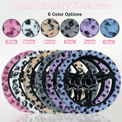 Leopard Steering Wheel Cover with Keychain, Elastic Fuzzy Fur Cheetah Car Steering Wheel Protector Women Girl Car Accessories Universal Fit 15 inch Fit Auto, Suvs, Truck- Pink