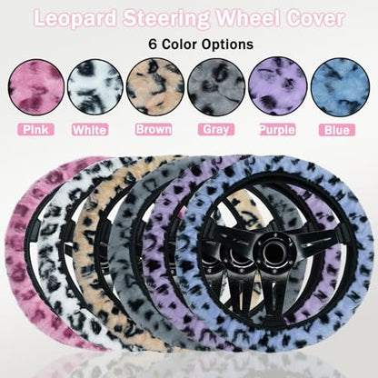 Leopard Steering Wheel Cover with Keychain, Elastic Fuzzy Fur Cheetah Car Steering Wheel Protector Women Girl Car Accessories Universal Fit 15 inch Fit Auto, Suvs, Truck- Pink