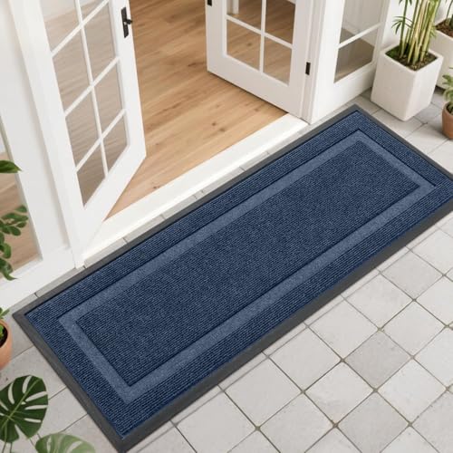 OLANLY Front Door Mat Indoor Outdoor Entrance, Waterproof All-Season, All-Weather Doormat, Sturdy Natural Rubber, Fade Resistant, Low Profile, Easy Clean Patio Porch Entryway Mat, 47x17, Blue - color: Blue, size: 47" x 17"