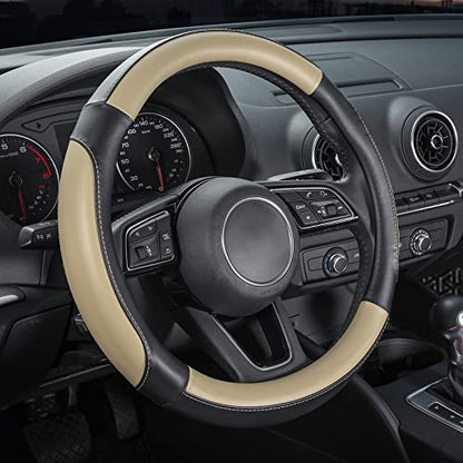 SEG Direct Car Steering Wheel Cover for Medium Standard Size Steering Wheels with 14 1/2-15 inches Outer Diameter, Black and Beige Microfiber Leather - color: 03-Beige, size: Standard size[14 1/2''-15'']