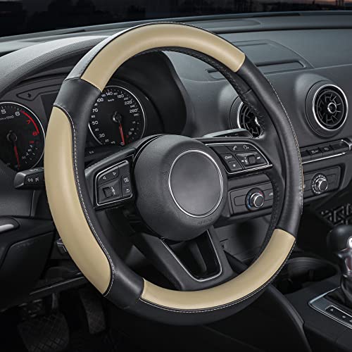 SEG Direct Car Steering Wheel Cover for Medium Standard Size Steering Wheels with 14 1/2-15 inches Outer Diameter, Black and Beige Microfiber Leather - color: 03-Beige, size: Standard size[14 1/2''-15'']