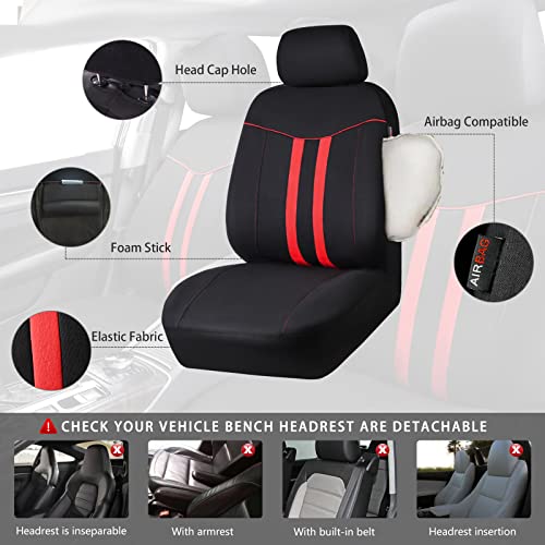 CAR-GRAND Universal Stylish Piping Cloth Car Seat Covers Full Set, Breathable and Washable Automotive Seat Covers with Air Compatible,3 Zipper Bench Design,Fit 90% SUV,Truck,Sedan (Black and Red) - color: Black-Red