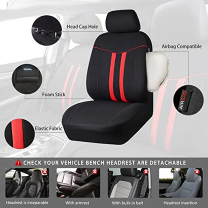 CAR-GRAND Universal Stylish Piping Cloth Car Seat Covers Full Set, Breathable and Washable Automotive Seat Covers with Air Compatible,3 Zipper Bench Design,Fit 90% SUV,Truck,Sedan (Black and Red) - color: Black-Red