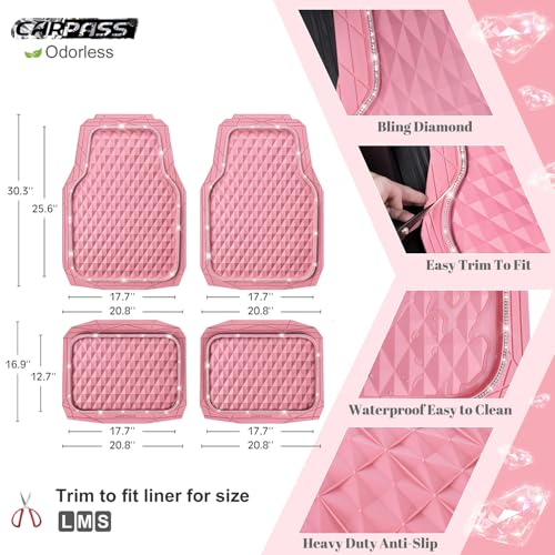 CAR PASS Bling Diamond Rubber Car Mats, Heavy Duty Deep Dish All-Weather Floor Mat Full Set Anti-Slip 3D Rhombus Waterproof Trim Fit Liner Universal Glitter Sparkly Shining Rhinestone, Pink Rubber - color: Pink Diamond