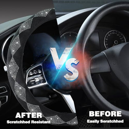 Bling Steering Wheel Cover for Women - Sparkly Crystal Rhinestones on Soft Plush with Checkered Design, Anti-Slip, Universal 15 Inch Car Wheel Protector, Cute Diamond Auto Accessories - color: white diamond +black