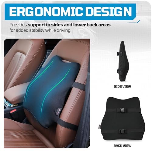 FORTEM Lumbar Support Car Cushion, Memory Foam Back Pillow, Back Rest for Comfort Driving, Adjustable Straps, Washable Cover - size: M (Back)