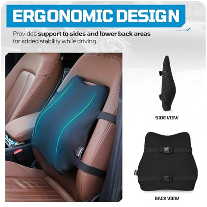 FORTEM Lumbar Support Car Cushion, Memory Foam Back Pillow, Back Rest for Comfort Driving, Adjustable Straps, Washable Cover - size: M (Back)