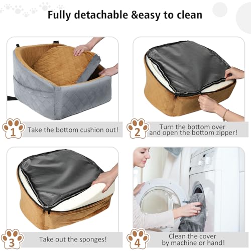 Dog Car Seat for Small Medium Dogs,Detachable Washable Dog Booster Seat Under 30lbs, Pet Car Seat Travel Bed with Storage Pockets and Dog Safety Belt(Grey/Brown)