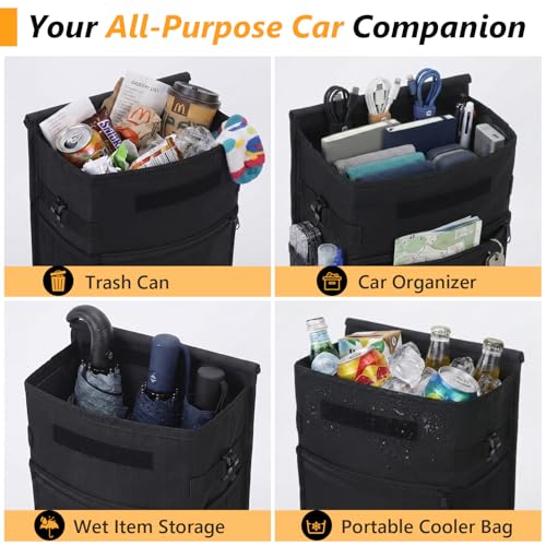Car Trash Can with Lid, 100% Leak-Proof Removable Liner, Collapsible Automotive Garbage Bin & Organizer with Storage Pockets, Universal Fit for SUV, Truck, RV (Black) - color: Black