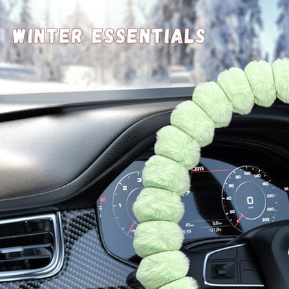 Fluffy Car Steering Wheel Cover, Soft Warm Plush Vehicle Steering Wheel Protector, 14.5-15 Inches Cute Anti-Slip Automotive Handle Cover for Women Girl, Car Accessories (Green) - color: Green