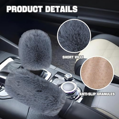 Hovom 2PCS Fluffy Car Gear Shift Knob Cover & Handbrake Cover, Soft Plush Hand Brake Handle & Gear Shift Cover for Women Girls, Universal Comfortable Warm Furry Car Accessories (Gray) - color: Gray