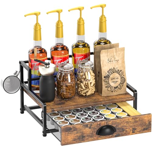 Coffee Syrup Rack Organizer, 2 Tier Countertop Storage Shelves with 35 K Cup Drawer, 8 Syrup Bottle Stand Holder for Wine, Kitchen Coffee Station Organizer Rack, Rustic Brown - color: Rustic Brown, size: 2-Tier