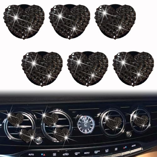 6 Pcs Heart-Shaped Crystal Diamond Air Vent Clip, Heart-Shaped Bling Charms Crystal Car Freshening Diffuser, Car Bling Interior Decorative Accessories for Women (Black) - color: Black