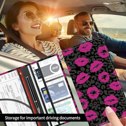 Premium Car Registration and Insurance Card Holder, Cute PU Leather Car Document Holder, Vehicle Glove Box Car Organizer with Magnetic Closure for Driver License, Cards Hot Lip Leopard - color: Hot Lip Leopard