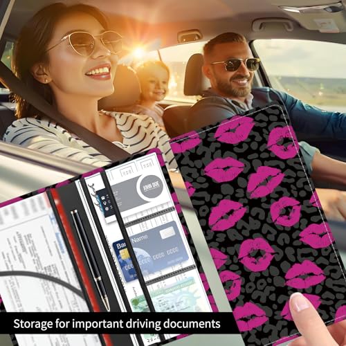 Premium Car Registration and Insurance Card Holder, Cute PU Leather Car Document Holder, Vehicle Glove Box Car Organizer with Magnetic Closure for Driver License, Cards Hot Lip Leopard - color: Hot Lip Leopard