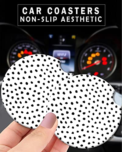 CLEVI 2 Pack Universal Ceramic Car White Polka Dot,Black White Ceramic Stone with A Finger Notch for Easy Removal of Car Cup Holder Coaster - color: White Polka Dot