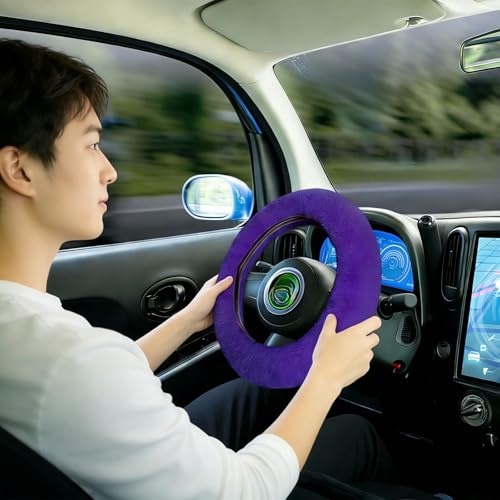 1 Set 6 Pcs Fluffy Car Steering Wheel Cover & Seat Belt Shoulder Pads & Handbrake Cover & Gear Shift Cover Set & Seat Belt Shoulder Pads Faux Wool Universal Fit Car Interior Accessories (Purple) - color: Purple