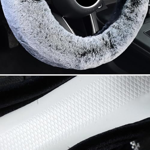 KAFEEK Frost Fluffy Microfiber Plush Steering Wheel Cover for Winter Warm, Universal 15 inch Soft Fuzzy Steering Wheel Cover,Cool Black - color: gray, size: Standard Size[14 1/2''-15'']