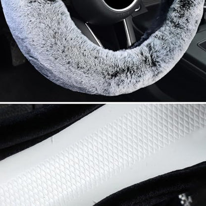 KAFEEK Frost Fluffy Microfiber Plush Steering Wheel Cover for Winter Warm, Universal 15 inch Soft Fuzzy Steering Wheel Cover,Cool Black - color: gray, size: Standard Size[14 1/2''-15'']