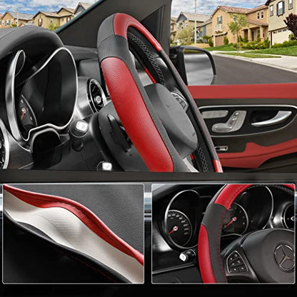 SEG Direct Car Steering Wheel Cover Universal Standard Size 14.5-15 inch, Black and Red Microfiber Leather - color: Black and Red, size: Standard size[14 1/2''-15'']