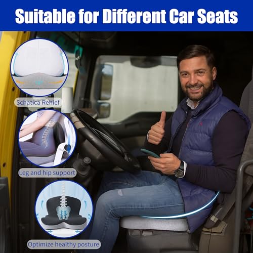 Car Seat Cushion and Lumbar Support Pillow with Fixing Strap, Larger Memory Foam Seat Cushion, Ergonomic L-Shaped Design Cushion for Back Pain Relief, Non-Slip Driving Cushion for Car, Office, Truck,