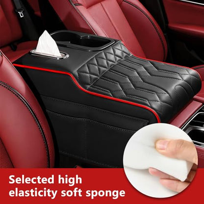 Upgraded Car Center Console Cover,PU Leather Car Armrest Cover Cushion Contains High Elasticity Sponge with Cup Holder,2 Storage Bags Tissue Box (White-B) - color: White-B